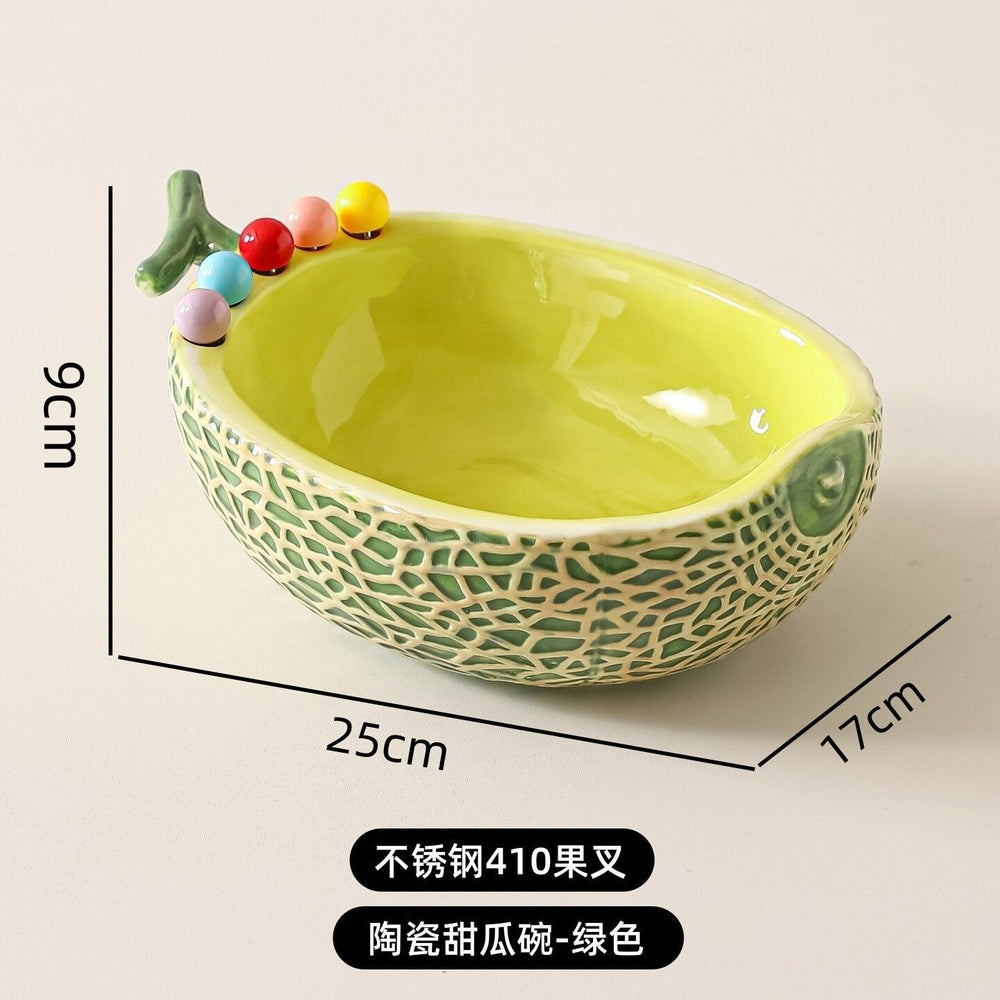 High-style cantaloupe ceramic fruit platter and fork set, perfect for home use. includes fruit picks, dessert forks, and a storage bowl, ideal for the living room coffee table