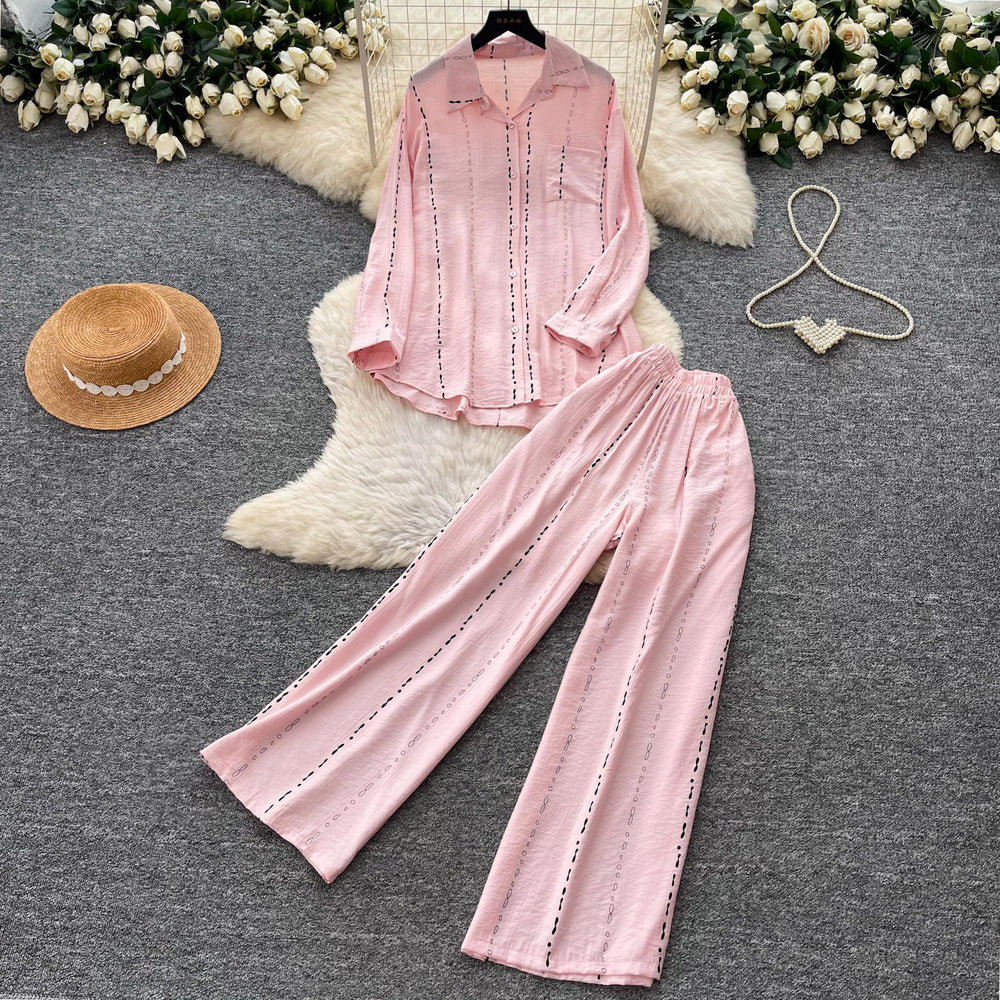 Lazy style pink cardigan wide-leg pants two-piece set female autum lazy feeling work clothingeasiest for matchfashionableelegantsuit