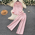 Lazy style pink cardigan wide-leg pants two-piece set female autum lazy feeling work clothingeasiest for matchfashionableelegantsuit