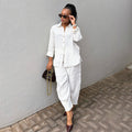 European and american women's clothing  autumn new collection: sweet and fresh striped turn-down collar long-sleeve shirt and high-waisted cropped pants two-piece set