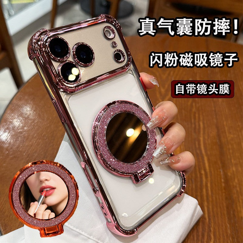compatible iphone 17 pro phone case, electroplated, four-corner drop protection, mirror finish, magnetic stand, apple 15 full coverage