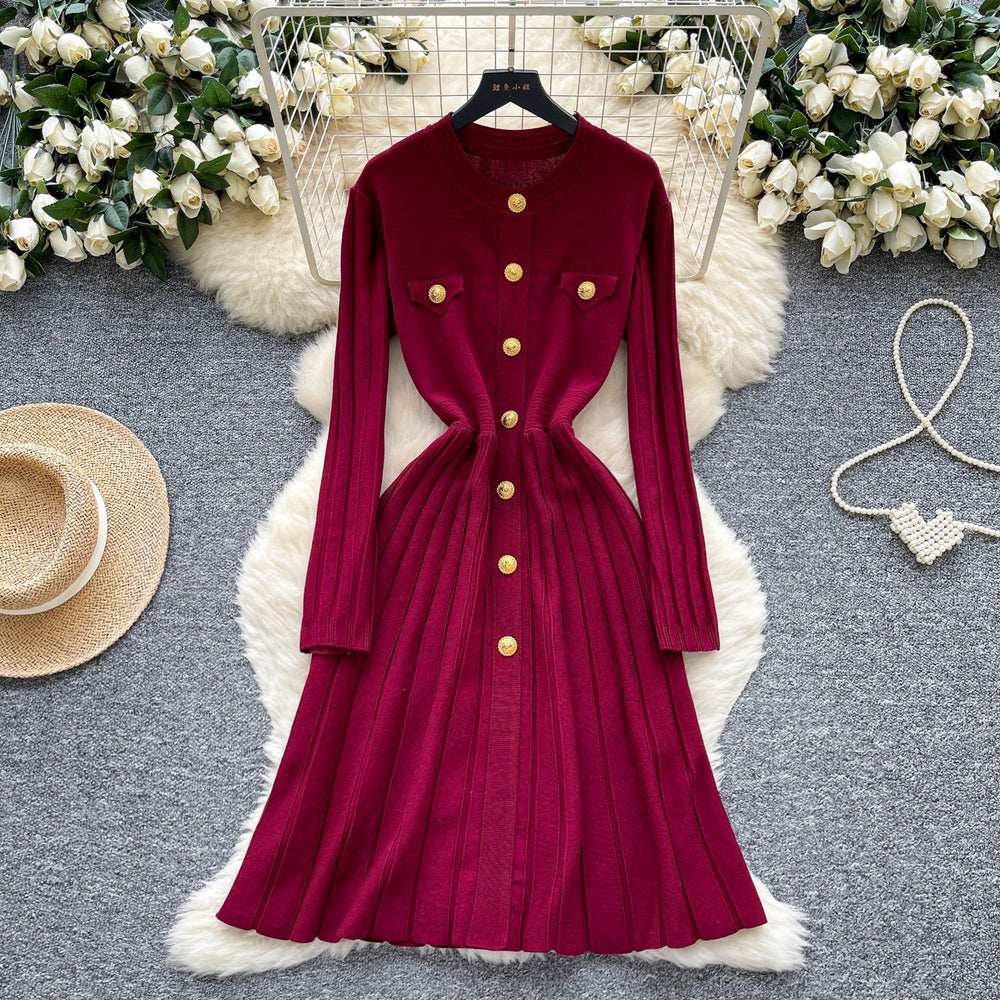 Classysense niche stylefrenchretro metal buckle waist slimming look round neck long sleevessweaterdress women's bottom long skirt