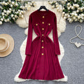 Classysense niche stylefrenchretro metal buckle waist slimming look round neck long sleevessweaterdress women's bottom long skirt