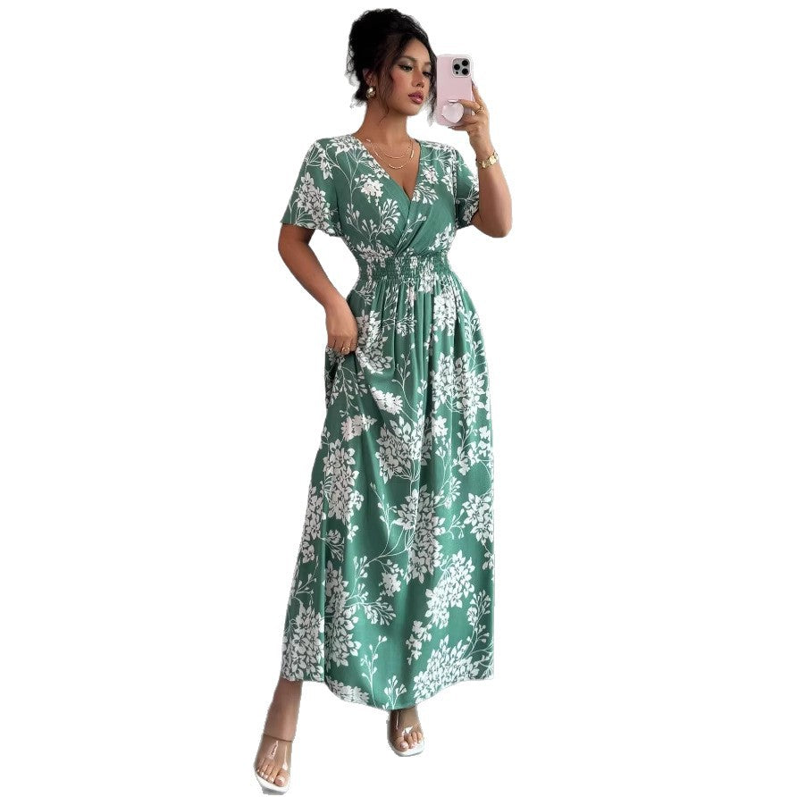 new cross-border french print v-neck summer women's dress