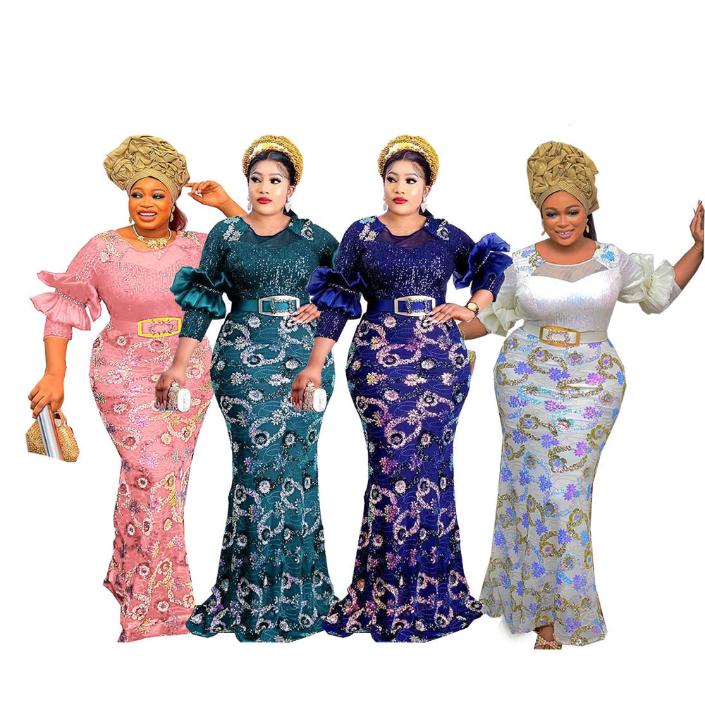 supply round neck mid-sleeve slim fit mermaid long dress evening gown sequin african european fashion women's clothing