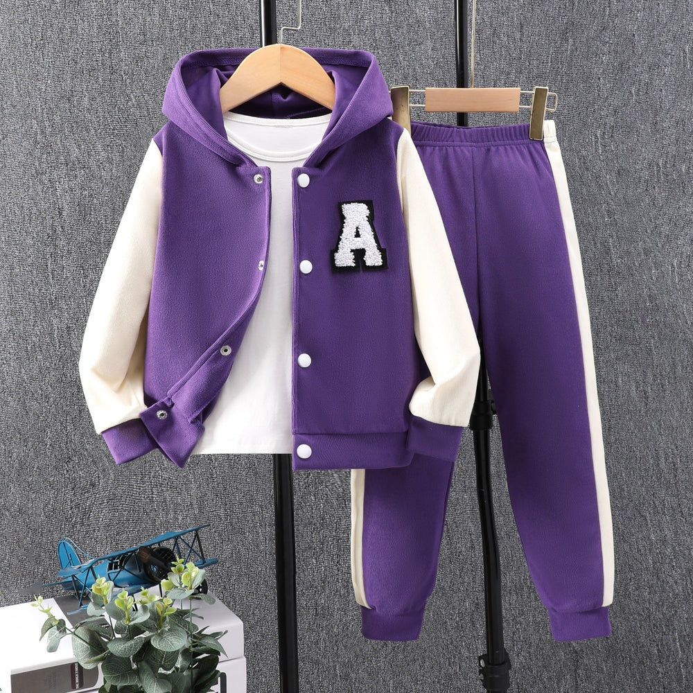 Children's long-sleeved hooded contrasting color a-line suit