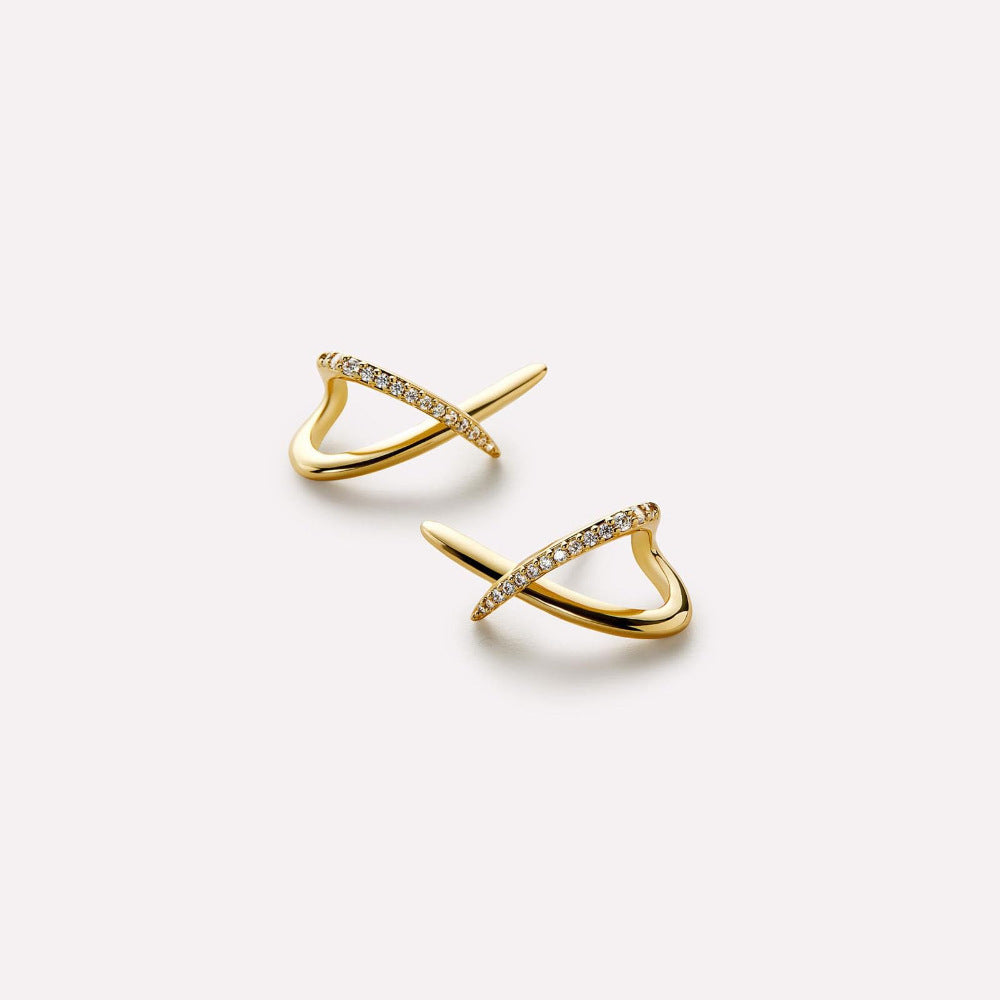 European and american cross-border fashion stone and gold earrings, versatile criss-cross studs, new women's cubic elegance trendy jewelry