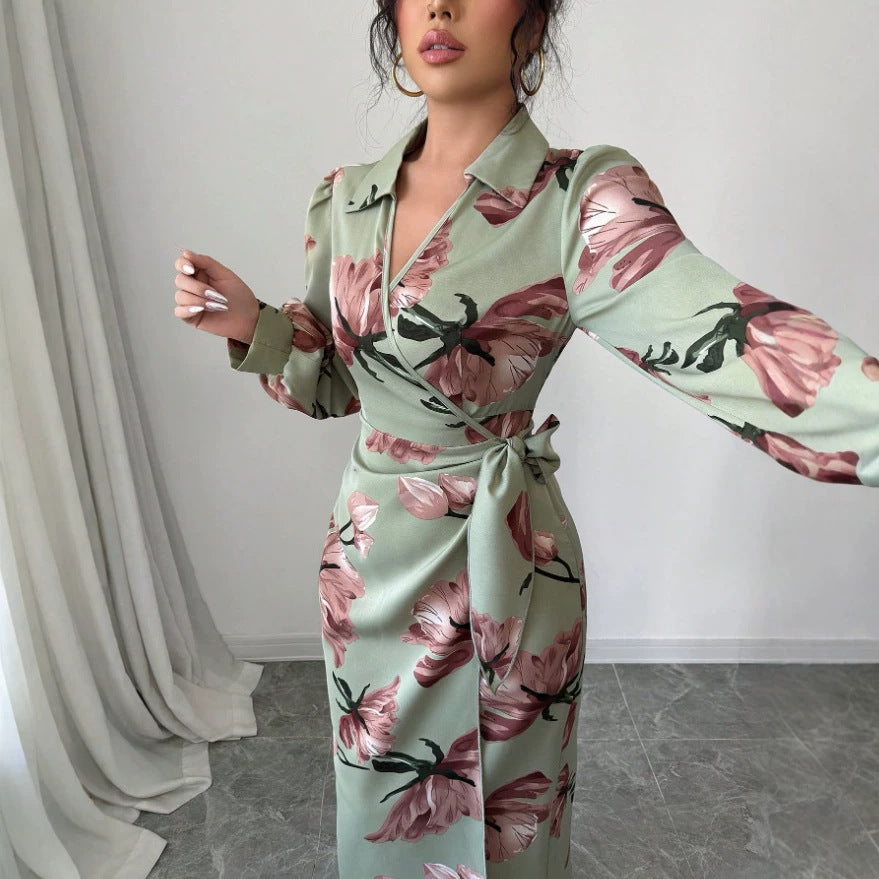 european and american women's clothing spring/summer hot seller: fashionable casual style plant print long maxi dress - a-line skirt