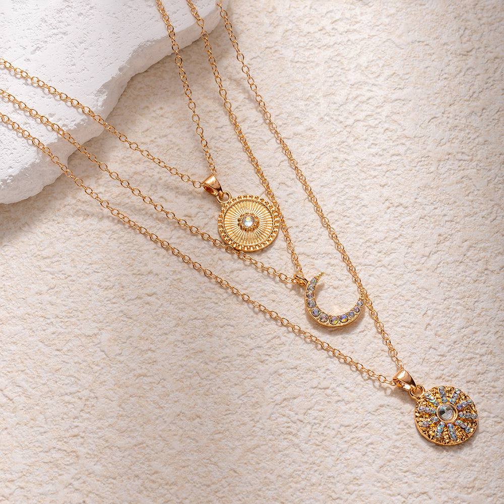 Wholesale diamond-studded necklaces: european & american cross-border jewelry, multi-layered geometric stackable necklaces, light luxury high-end pendant sun choker