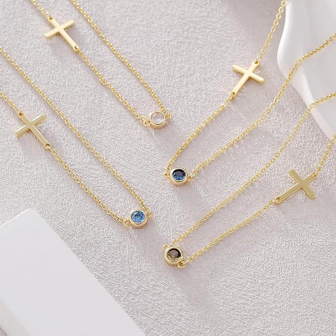 Amazon cross-border foreign trade small side cross necklace single side cross and birthstone necklace jewelry girls birthday gift