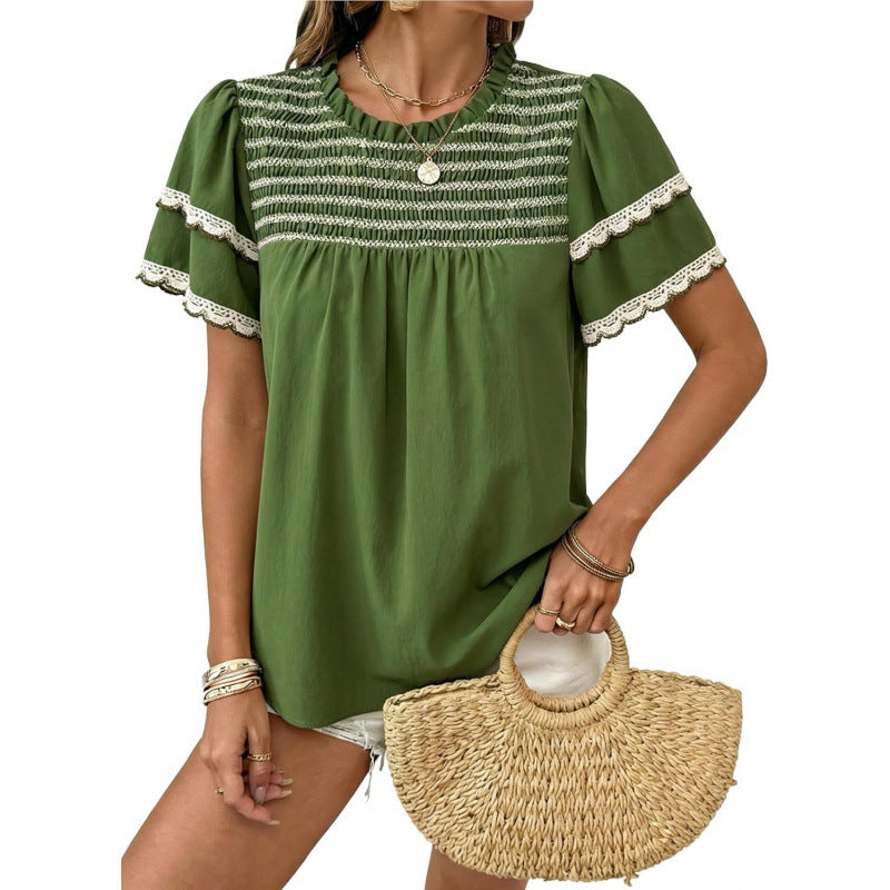 Amazon round neck ruffle short sleeve shirt women's  summer new casual bohemian style top