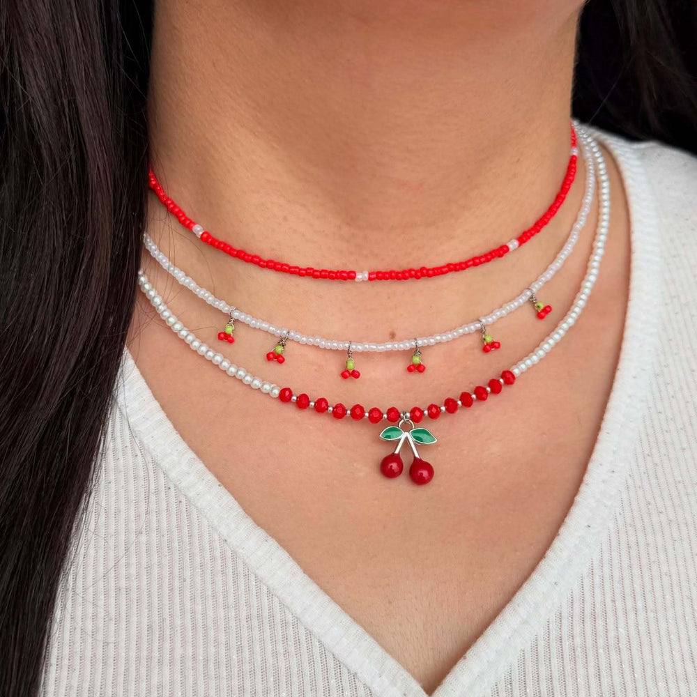 European and american cross-border cherry necklace set - multi-layered design, summer fresh style, rice bead chain accessories, women's necklace