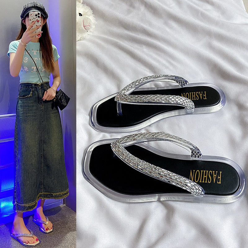 Fashion rhinestone flip-flops for women summernew arrival sparkling crystal transparent outwearnon-slipabrasion resistant flip-flops