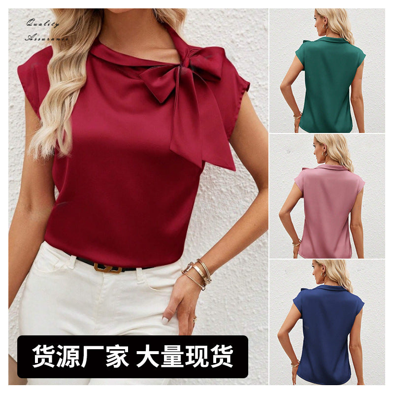 semi-open neck bow satin top, niche design satin women's clothing,   European and American new T-shirts