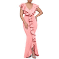 C8634 european and american cross-border fashion women's  summer dress - solid color v-neck ruffle hem slit mermaid maxi dress