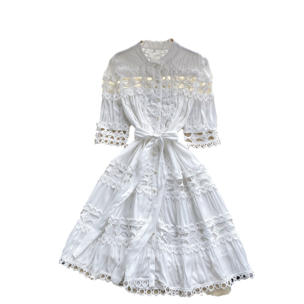 French retro court style dress - elegant stand collar pearl single-breasted hollow-out lace patchwork gown for women