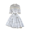 French retro court style dress - elegant stand collar pearl single-breasted hollow-out lace patchwork gown for women