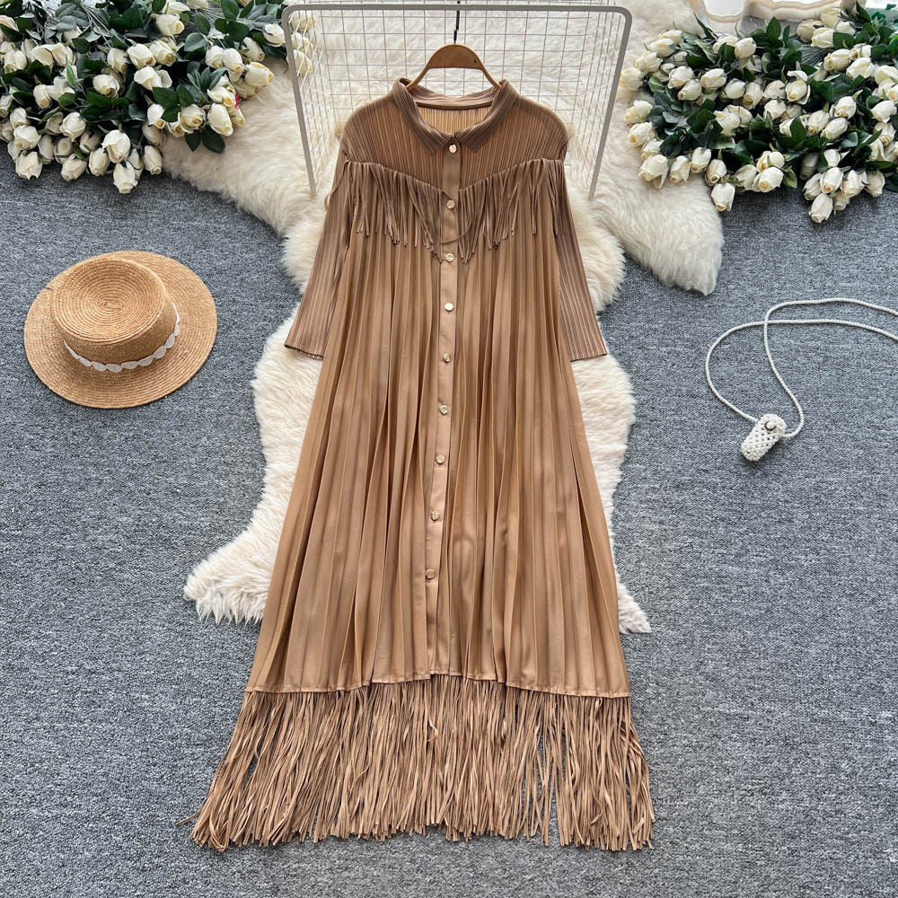 Elegant and chic tassel-trimmed loose-fit dress - women's commute-ready, high-end, slimming a-line long-sleeve shirt dress