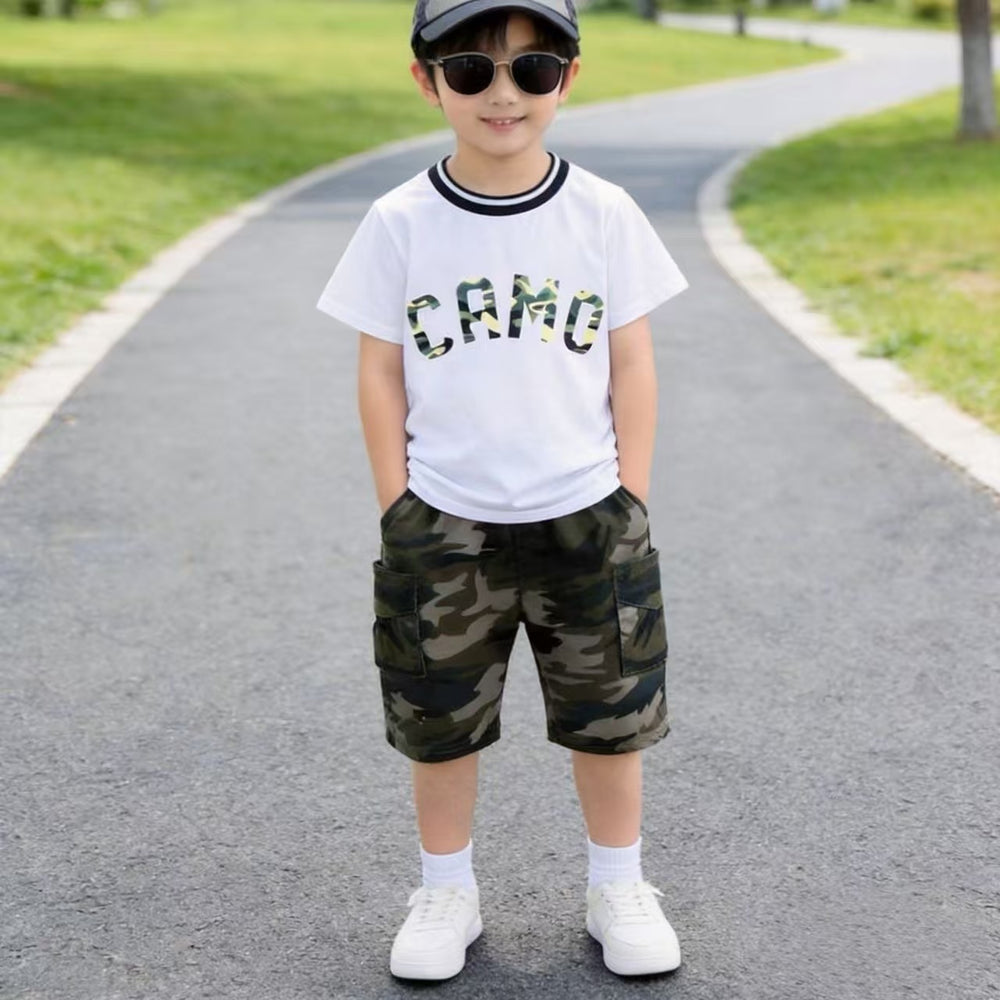 Summer new camouflage short-sleeve set: toddler & little boy crewneck letter tee + cargo shorts two-piece outfit - wholesale