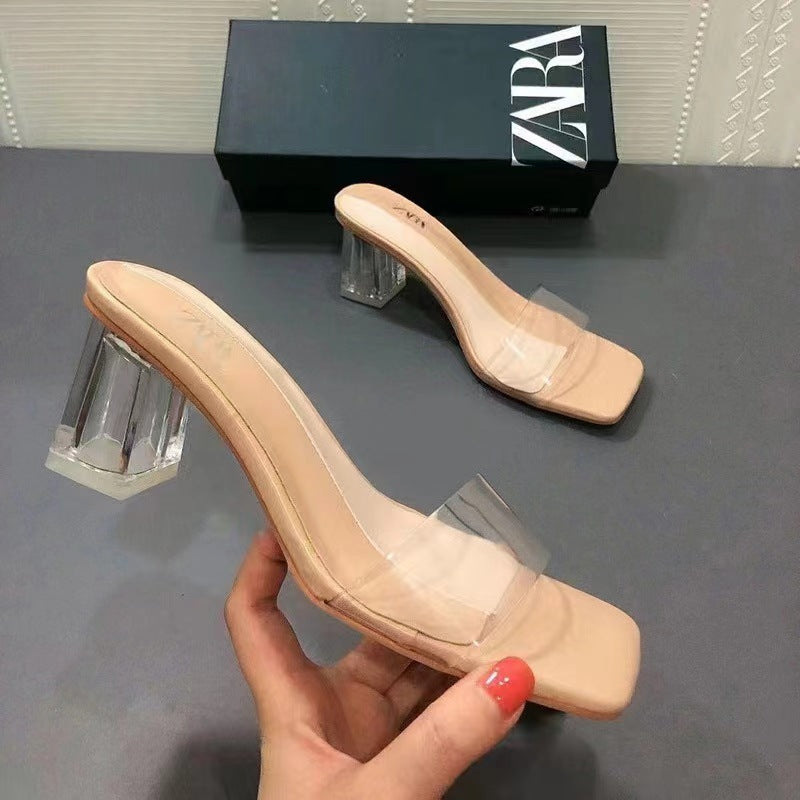 Za2024summernew arrival thick heel women's shoes square toe one strap high heels women's pvc open toe open heel glass heel cool