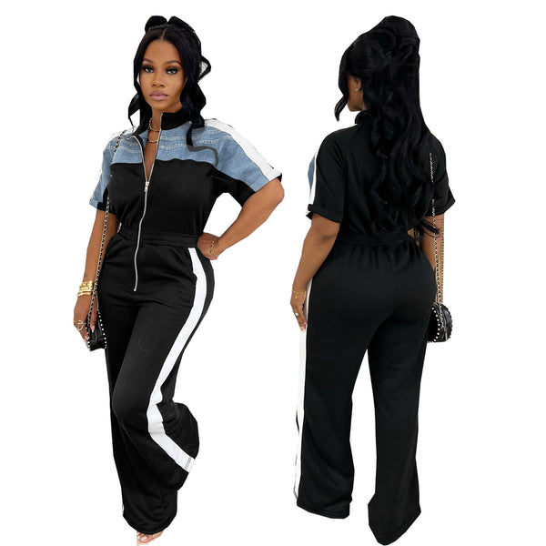 TW635 summer new women's clothing contrasting color stand-up collar zipper jumpsuit denim splicing advanced commuter slim one-piece