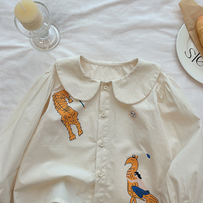 Girl heavy industry shirt  autumn new kidsembroider doll collar shirt sweet girl baby lantern sleeve tops