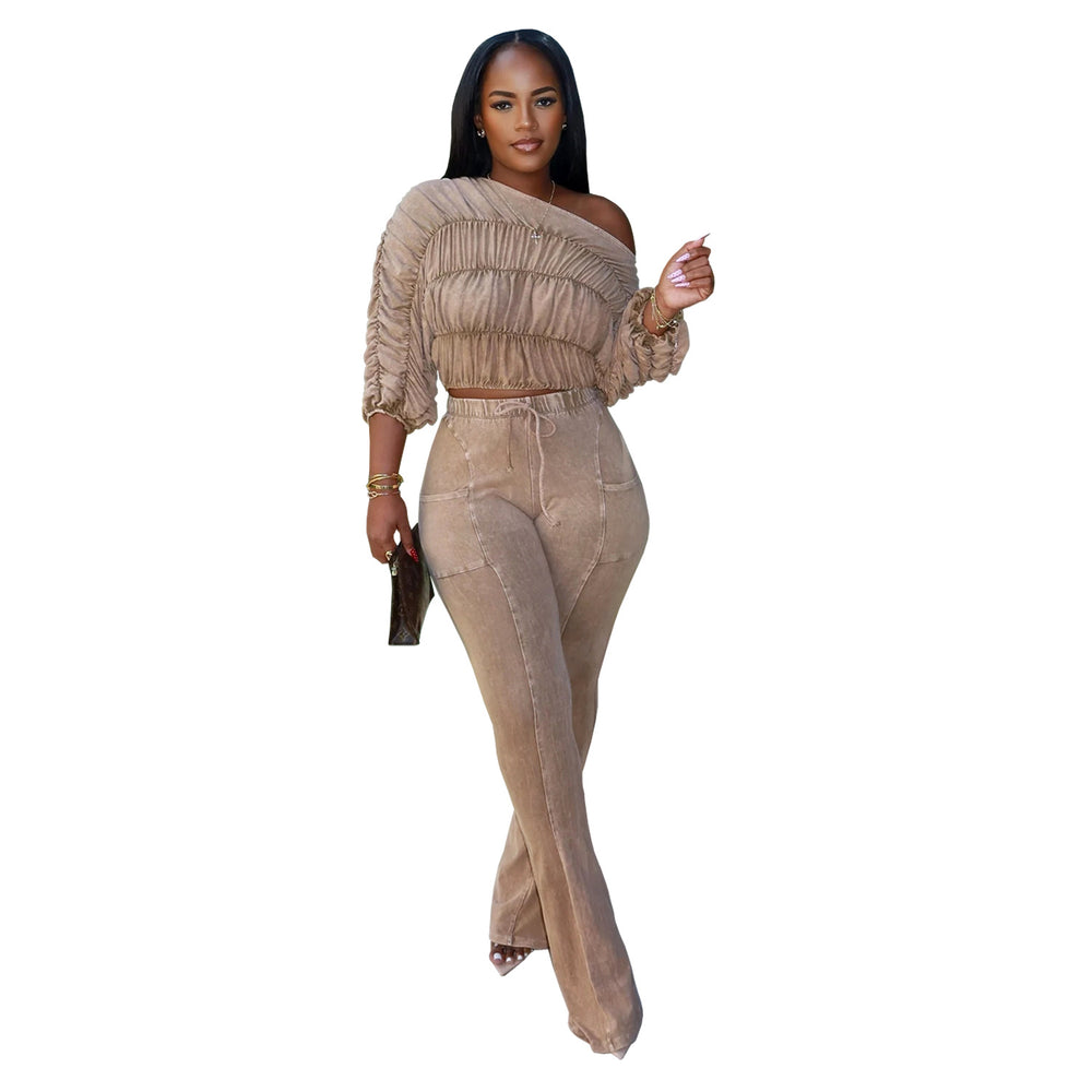 C7568 cross-border   fashion women's distressed one-shoulder pleated flared casual pants set