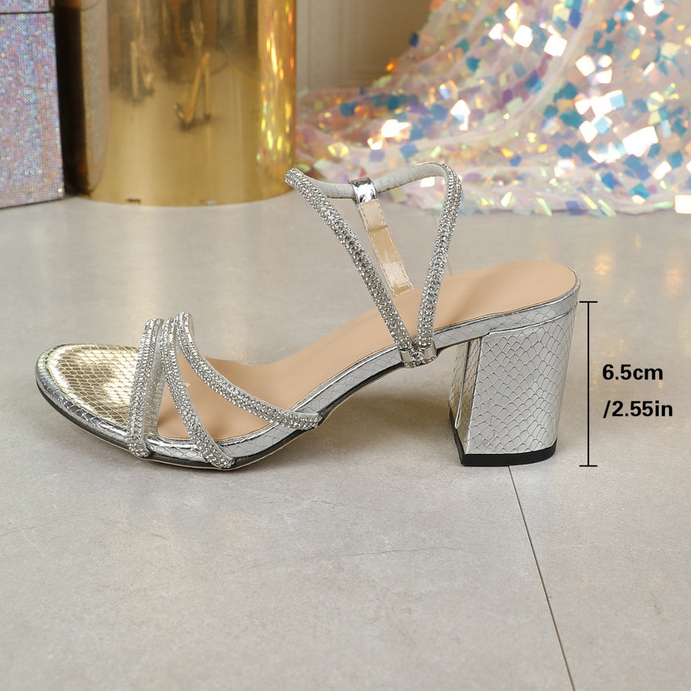2025 summer evening breeze fairy single strap chunky heel sandals - women's french rhinestone ankle strap high heels with snake print