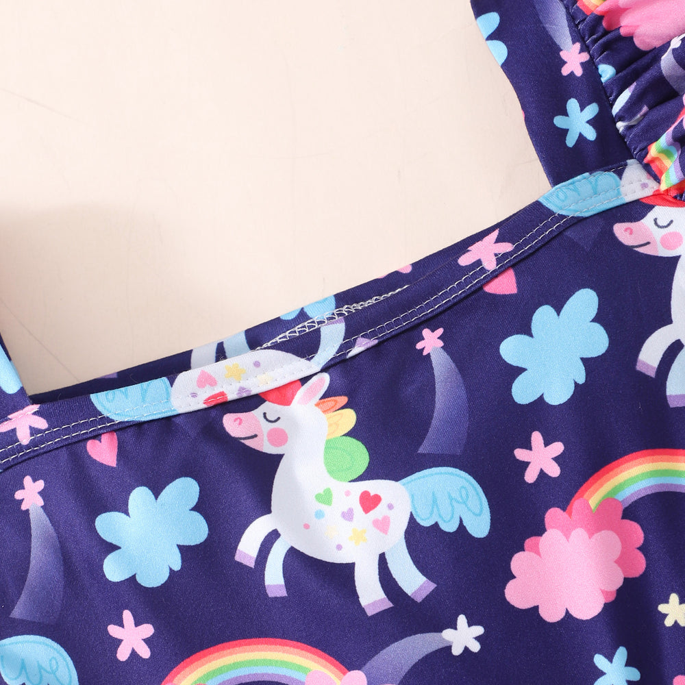 Kids' sleeveless square neck unicorn rainbow dress