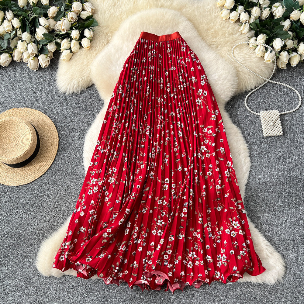 K-style floral high waist elastic waist a-line pleated skirt women's spring summer mid-length skirt slimming look large swing work clothing skirt
