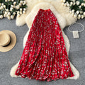 K-style floral high waist elastic waist a-line pleated skirt women's spring summer mid-length skirt slimming look large swing work clothing skirt