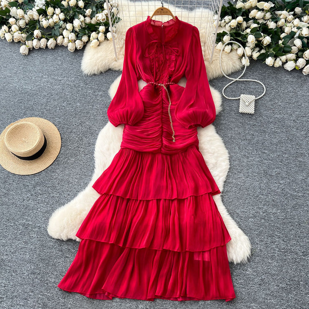 French dress women's  new arrival high-end lace patchwork cinched waist lantern sleeve ruffle hem long evening gown