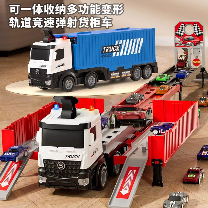 Kids alloy storage rail car deformation ejection large truck transport container truck track sliding toy cross-border