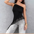 Amazon  cross-border women's sleeveless lace patchwork asymmetrical off-shoulder t-shirt top - slim fit, high-end style