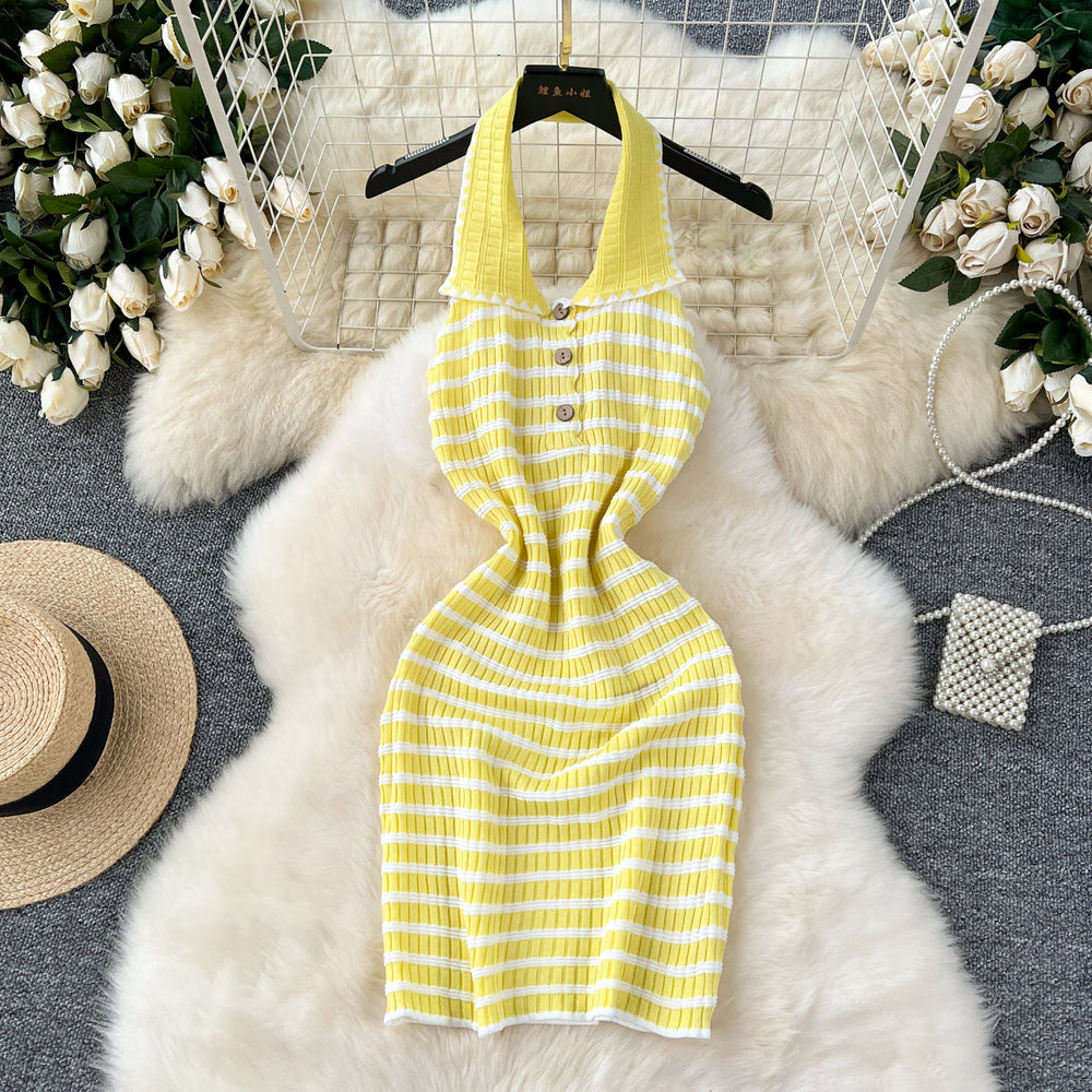 Pure desire sexyhalter sleeveless dress women's summer thin stretch tight stripesknitting backless skirt