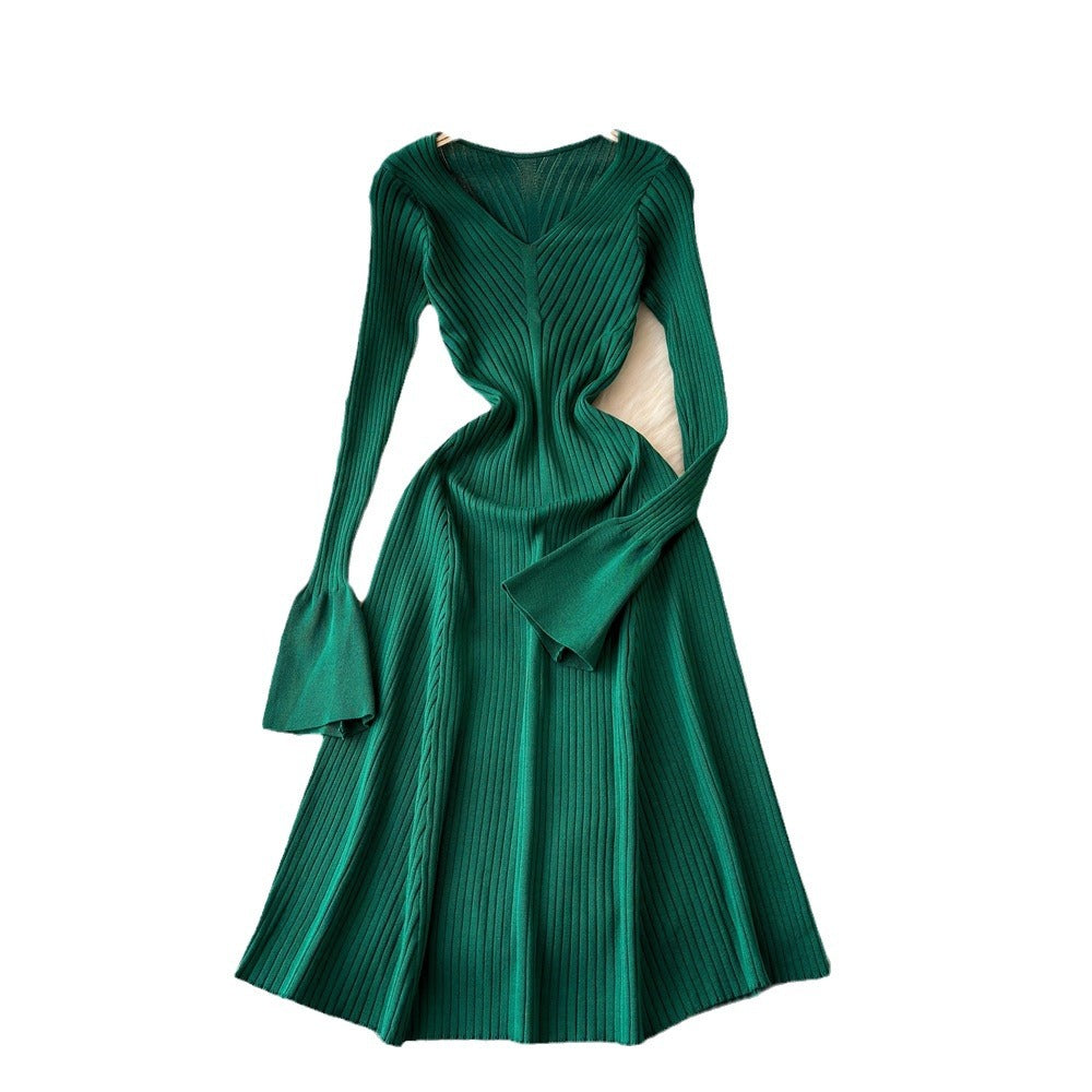 fall/winter new arrival: solid color slim-fit long sleeve knit a-line midi dress - women's base layer