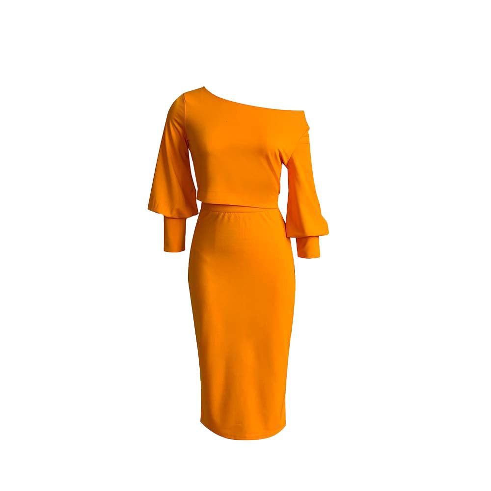 D217 cross-border sourcing:  solid color off-the-shoulder long sleeve top and bodycon high-waisted midi skirt set - european and american two-piece outfit
