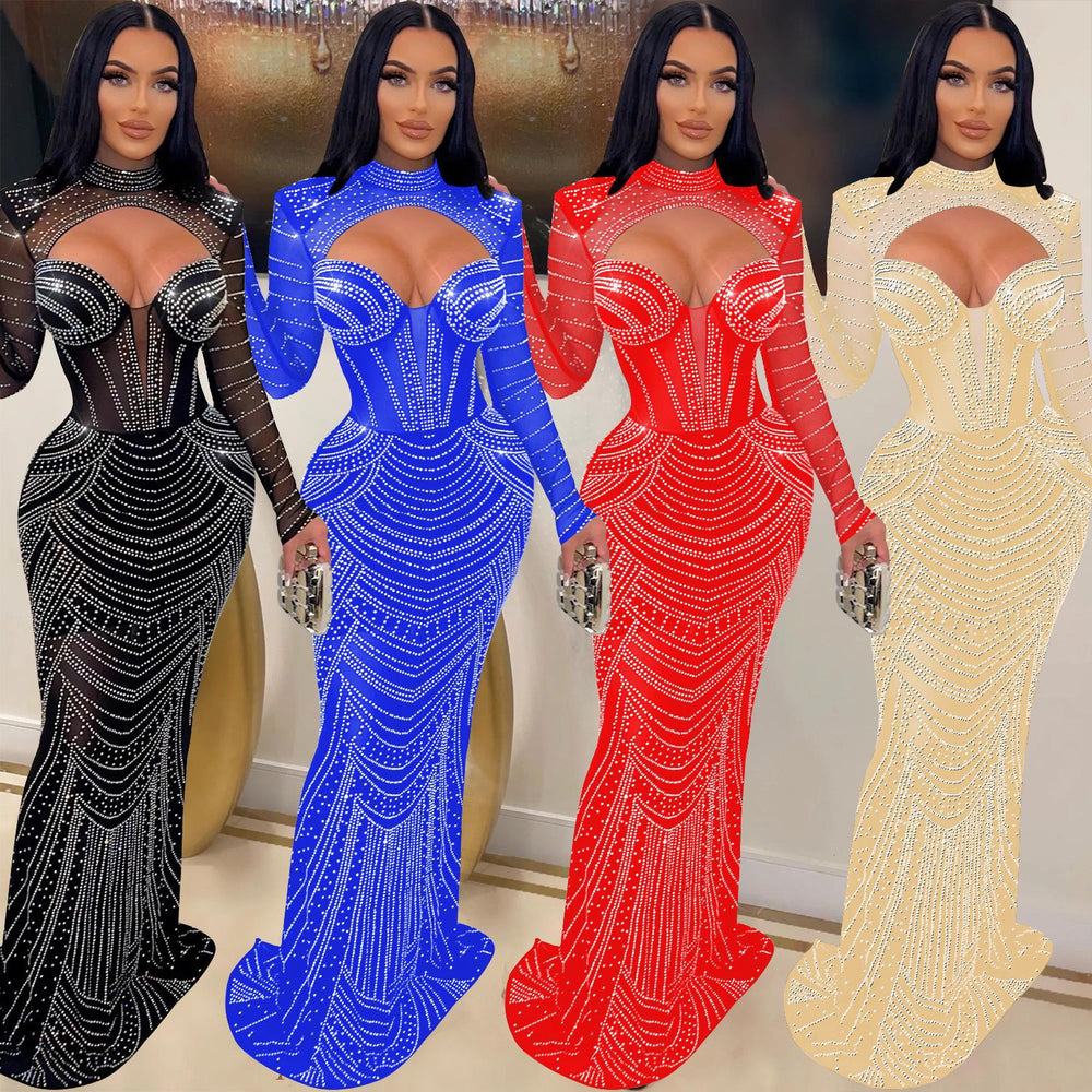 C6170 cross-border   fashion women's solid color hotfix rhinestone mesh long sleeve v-neck dress