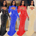 C6170 cross-border   fashion women's solid color hotfix rhinestone mesh long sleeve v-neck dress