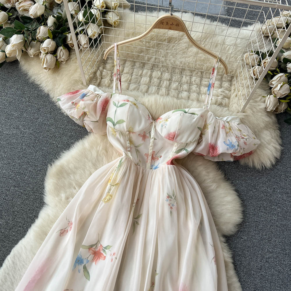 French one-shoulder bandeau slip dress - women's summer soft style, cinched waist, floral print, puff sleeves, mesh fairy dress