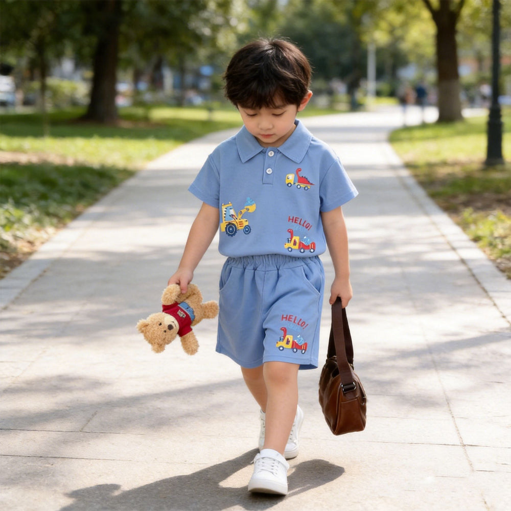 Kids' polo shirt and shorts set - new cotton cartoon car design - boys' solid color top and pants wholesale