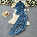 Retro hot girl style denim suit women's summer drawstring polo collar shirt tops elastic waist wide leg silm pants