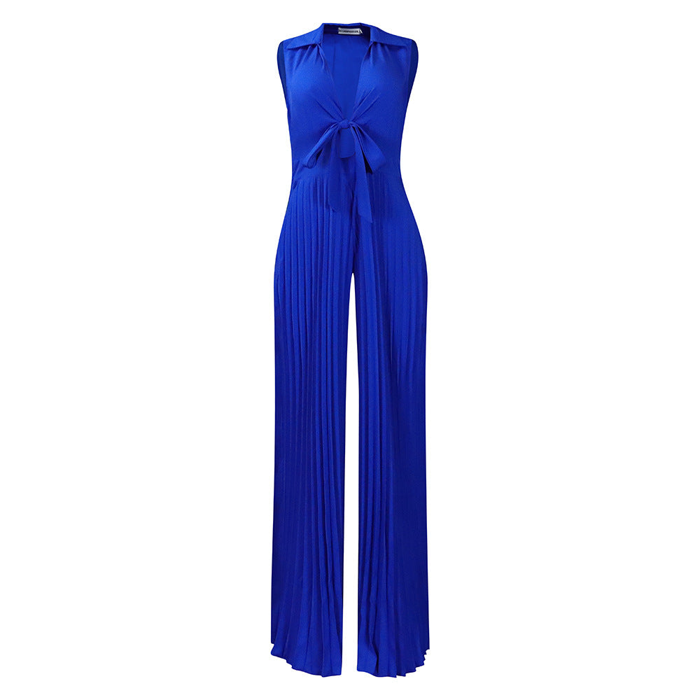 Amazon european and american women's summer new fashion v-neck sleeveless turn-down collar printed loose wide-leg cross-border jumpsuit
