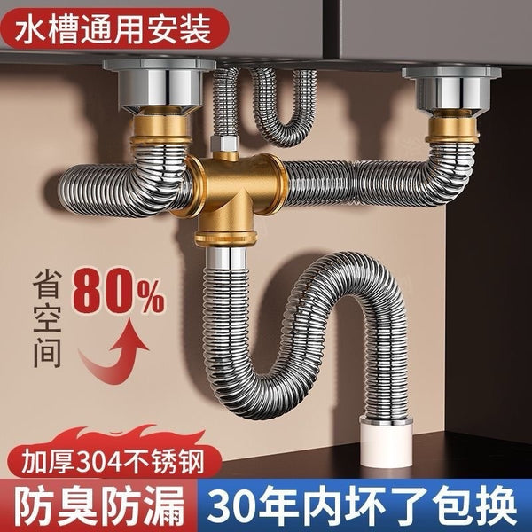 Factory direct sales kitchen stainless steel sink vegetable basin sewer pipe drain pipe sewer deodorant double tank full set
