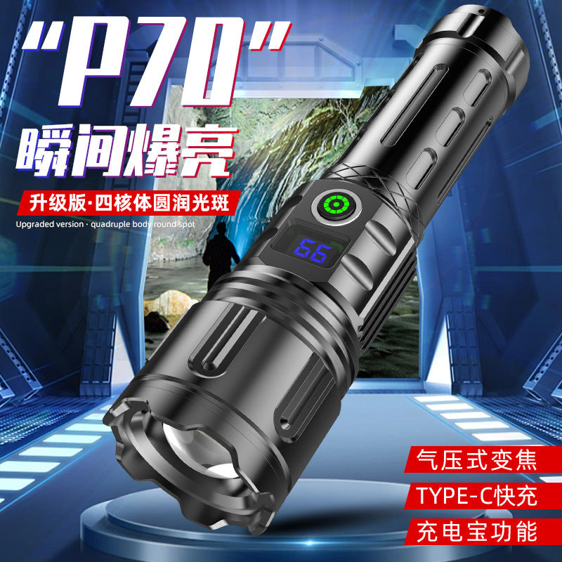 Cross-border new XHP70 strong light telescopic zoom battery display Type-c rechargeable LED outdoor flashlight