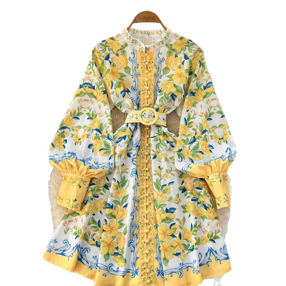 French court style lantern sleeve printed dress - women's summer korean slim fit a-line dress - figure flattering, waist defining, commute friendly