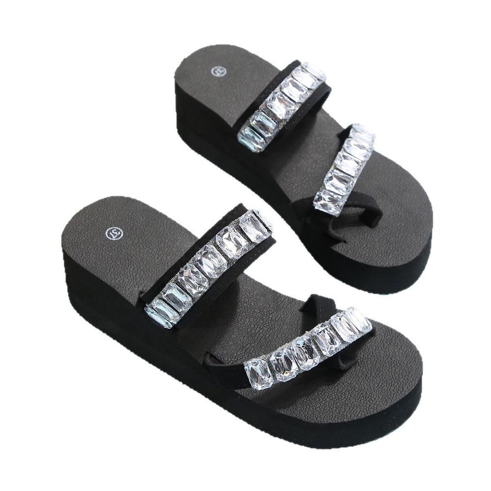 K-styleexportplus sizecolorful bright diamond thick sole slippers women's beach wedge heel flip-flops slippers slippers