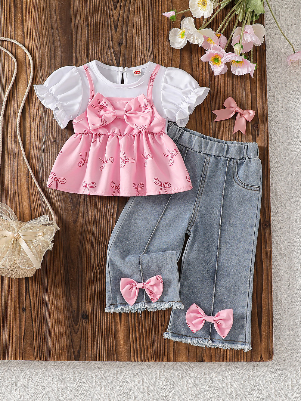 new cross-border baby & toddler bow print cami top & heavy-duty washed denim pants set