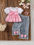 new cross-border baby & toddler bow print cami top & heavy-duty washed denim pants set