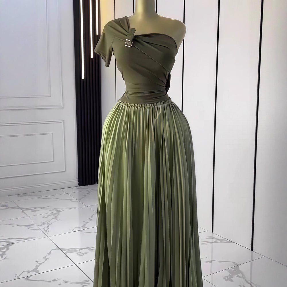 European and american cross-border women's fashion:  autumn new collection - solid color short sleeve bandeau top with asymmetrical neckline, cinched waist, and pleated detailing - elegant two-piece set